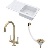 Balterley Fireclay 1 Bowl Sink Drainer Waste Tap 1010mm Brushed Brass in White