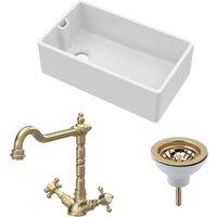 Balterley Fireclay 1 Bowl Belfast Sink Strainer Waste Tap Brushed Brass 795mm in White