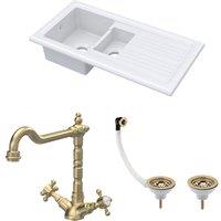Balterley Fireclay 1.5 Bowl Sink Drainer Waste Tap Brushed Brass 1010mm in White