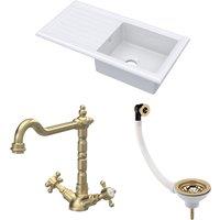 Balterley Fireclay 1 Bowl Sink Drainer Waste Tap 1010mm Brushed Brass in White