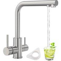 JANLEMNY 3-in-1 Filtered Water Dual Lever Brushed Stainless Steel Kitchen Tap in Silver | Size: 1000mm x 400mm