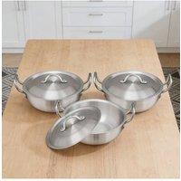 KDMD 3 Piece Karahi Wok Pan Set with Lid Wire Handle 23 25 28 in Silver