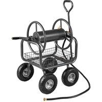 Costway Garden Hose Reel Cart Heavy-Duty Metal Hose Cart w/ Storage Basket in Grey