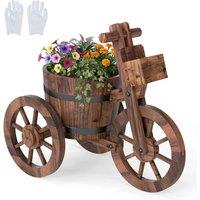 Costway Barrel Tricycle Planter Wooden Plant Stand w/ Wheels Drainage Hole in Brown