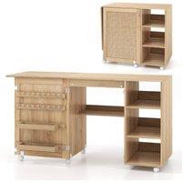 Costway Folding Sewing Table Sewing Machine Craft Station w/18 Pegs&2 Bins in Natural