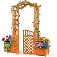 Costway Garden Arbor Wooden Garden Arch w/Gate&2 Planter Boxes&Drainage Holes in Brown