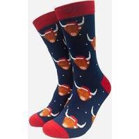 Sock Talk Men's Santa Highland Cow Bamboo Socks - Blue | Size: 7-11