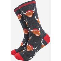 Sock Talk Men's Highland Cow Santa Hats Christmas Bamboo Socks Black Marl Red | Size: 7-11
