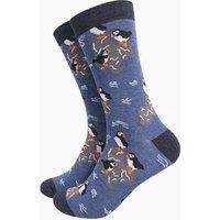 Sock Talk Men's Puffins On Rocks Bamboo Socks - Denim Blue | Size: 7-11