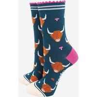 Sock Talk Women's Highland Cow Autumn Leaves Toadstools Bamboo Ankle Socks Green in Dark Green | Size: 3-7