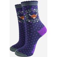 Sock Talk Women's Highland Cow Christmas Wreath Bamboo Socks - Navy Blue/Purple in Blue | Size: 3-7