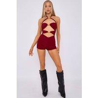 STYLEWISE Women's Spring Coil Cut Out Halter Neck Playsuit in Wine | Size: 8