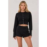 STYLEWISE Women's Button Up Sweatshirt & Folded Waist Shorts - Fleece - Co-ord Set in Black | Size: XS