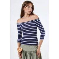 Busem Women's Striped Ribbed Boat Neck Long Sleeved Blouse in Navy | Size: Large