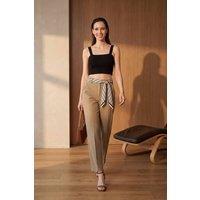 MyFashion Women's High-Waist Straight-Leg Crepe Trousers with Belt in Tan | Size: XL