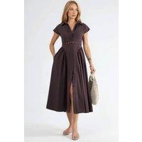 Busem Women's Belted Midi Dress with Shirt Collar in Chocolate | Size: Small