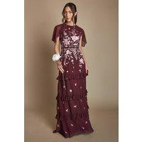 Coast Women's Embroidered Trailing Floral Cape Detail Tiered Bridesmaid Dress in Malbec | Size: 10