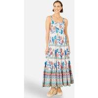 Yumi Women's White Floral Block Print Tiered Maxi Sun Dress in Turquoise | Size: 14