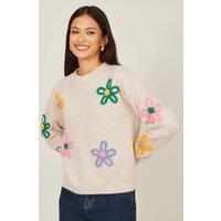 Yumi Women's Oatmeal Relaxed Flower Embroidered Jumper in Beige | Size: Small