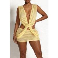 LEMONLUNAR Women's The Veda Plunge Studded Mesh Mini Dress in Yellow | Size: Large
