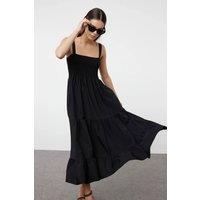 WOVCOR Women's Ruched Square Neck Thick Strap A-Line Maxi Dress in Black | Size: 6