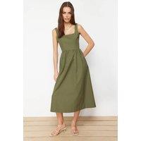 WOVCOR Women's Square Neck Thick Strap Midi Dress with Corset Seam Detail in Khaki | Size: 12