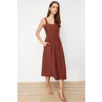WOVCOR Women's Square Neck Thick Strap Midi Dress with Corset Seam Detail in Brown | Size: 6