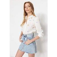 WOVCOR Women's Floral Embroidered Oversize Woven Shirt in Ecru | Size: 10