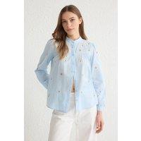 WOVCOR Women's Floral Embroidered Oversize Woven Shirt in Blue | Size: 8