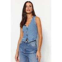 WOVCOR Women's V Neck Fitted Denim Vest in Blue | Size: Small