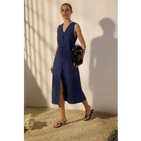 WOVCOR Women's Belted Linen Blend V Neck Midi Shirt Dress in Navy | Size: 6