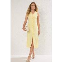 WOVCOR Women's Belted Linen Blend V Neck Midi Shirt Dress in Lemon | Size: 6
