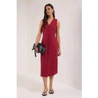 WOVCOR Women's Belted Linen Blend V Neck Midi Shirt Dress in Red | Size: 10
