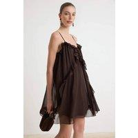WOVCOR Women's Frill Tiered V Neck Cami Mini Dress in Brown | Size: 6