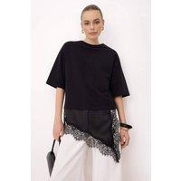 WOVCOR Women's Oversize Asymmetric Lace Detail Short Sleeve T-Shirt in Black | Size: Medium