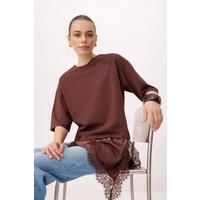 WOVCOR Women's Oversize Asymmetric Lace Detail Short Sleeve T-Shirt in Brown | Size: Small
