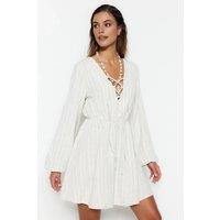 WOVCOR Women's Tie Front Long Sleeve Mini Beach Dress in Ecru | Size: 14