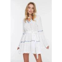 WOVCOR Women's Embroidered Belted Long Sleeve Mini Beach Dress in White | Size: 8