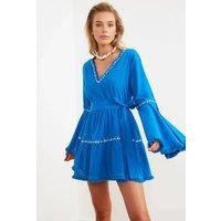 WOVCOR Women's Embroidered Belted Long Sleeve Mini Beach Dress in Cobalt | Size: 10