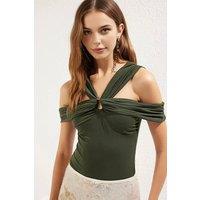 WOVCOR Women's Off Shoulder Ring Detail Knitted Bodysuit in Khaki | Size: 6
