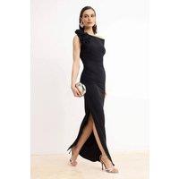 WOVCOR Women's One Shoulder Applique Detail Ruched Maxi Evening Dress in Black | Size: 6