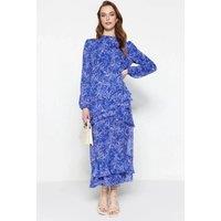 WOVCOR Women's Floral Ruffle Detail Long Sleeve Chiffon Maxi Dress in Blue | Size: 10