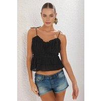 WOVCOR Women's Floral Applique Tie Strap Peplum Woven Blouse in Black | Size: 8