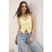 WOVCOR Women's Ribbed Halterneck Knitted Top with V-Neck Detail in Yellow | Size: Medium