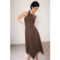 WOVCOR Women's Halter Neck Asymmetric Hem Denim Midi Dress in Brown | Size: 8