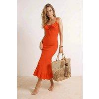 WOVCOR Women's Textured Knit Ruffle Detail Maxi Beach Dress in Coral | Size: Large