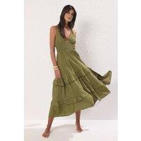 WOVCOR Women's Tiered Halterneck Maxi Beach Dress in Khaki | Size: 10