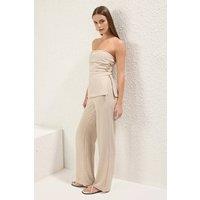 WOVCOR Women's Strapless Linen Blend Wide Leg Trouser Co-Ord Set in Beige | Size: 6