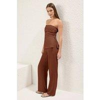 WOVCOR Women's Strapless Linen Blend Wide Leg Trouser Co-Ord Set in Brown | Size: 12