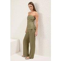 WOVCOR Women's Strapless Linen Blend Wide Leg Trouser Co-Ord Set in Khaki | Size: 14